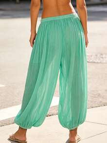 Womens Lantern Pants Casual Loose Fit Stylish Solid Color Drawstring Mid Rise Trousers - Green - View 3
