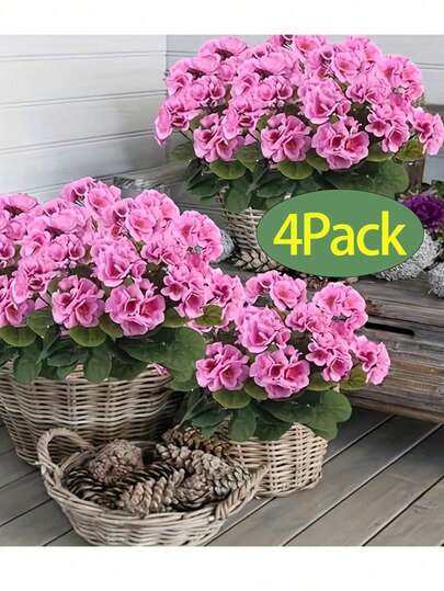 1/2/4pcs Artificial Geranium Shrub - Realistic Pink Flowers With Green Leaves, Suitable For Indoor/Outdoor Decor, Great For Garden, Porch, Patio, Window Box, Hanging Planter, Maintenance-Free Artificial Outdoor Floral Shrub