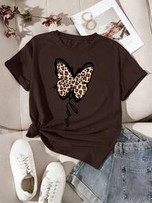 Girls' Leopard Print & Butterfly Pattern Short Sleeve T-Shirt, Casual & Fashionable Style, Soft & Machine Washable - Brown - View 2