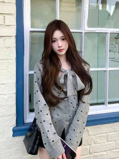 French Polka Dot Bow Tie Cardigan Sweater Jacket For Women, New Arrival Casual Style For Early Autumn