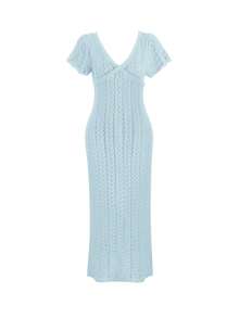 女士休闲优雅百搭纯色V领蕾丝边镂空细节针织套头衫，修身腰身，荷叶边袖口，宽松长款，度假必备上衣，春夏海滩风情 - 淺藍色 - 查看 8