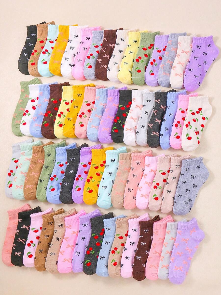 10/20/30双装女童弹力短袜，适合日常穿着（1-16岁），可搭配校服或运动鞋，女童袜子，蝴蝶结袜，樱桃袜，蕾丝袜，畅销款
