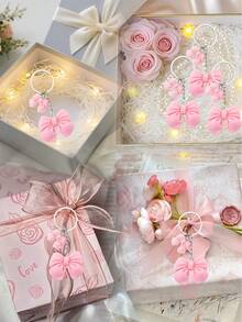 60pcs/20sets/30pcs/10sets Pink Bow Baby Shower Party Favor Set, Includes Bow Keychains (Lanyard + Bow Design), Organza Bags, And Cards - Pink - View 6