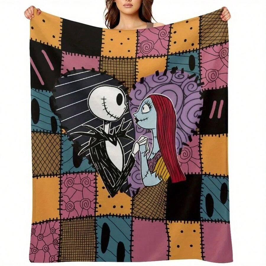 Disney 280GSM Flannel Throw Blanket - Jack Skellington & Sally Design, Ultra-Soft Durable All-Season Decorative Bedding, Multi-Functional Easy-Care For Home Decor, Cozy Comfort, Whimsical Design, Vibrant Print - 風格 - 查看 1