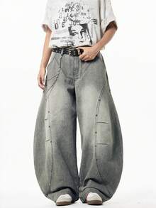 1件 Justice Brother 男士休闲宽松破洞阔腿牛仔裤，日系风格，百搭 - 水鴨藍 - 查看 4