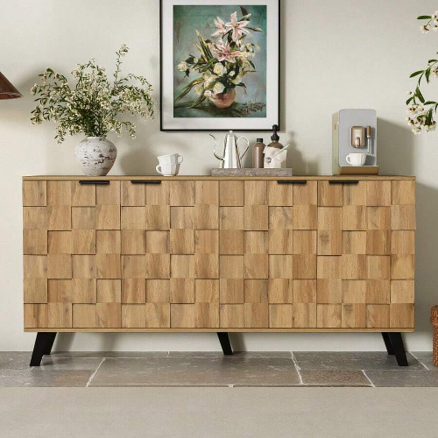 Modern 4-Door Sideboard, 160.5 X 35.5 X 78 Cm – Practical Design For The Living Room, Bedroom And Dining Room - 自然木色 - 查看 1