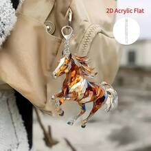2D 平面现代奔马钥匙扣 - 动感奔马吊坠，配链条，棕/黑白马赛克图案，2D 平面设计，包包吊坠，包包挂饰，包包链，包包链饰，绳编包包吊坠，包包装饰吊坠，包包装饰，钥匙扣 - 彩色 - 查看 1