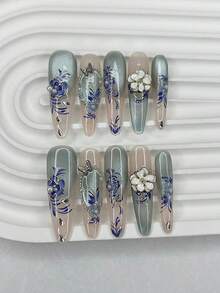 10片冰蓝色猫眼花朵手工美甲贴纸，渐变仿珍珠青瓷色，可移除可重复使用美甲用品（1片果冻贴纸+1个指甲锉）手工按压式美甲 - 藍色 - 查看 1