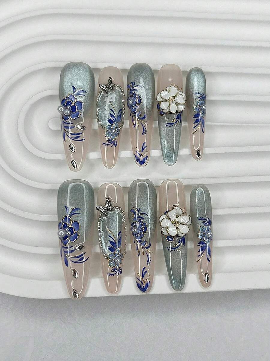 10片冰蓝色猫眼花朵手工美甲贴纸，渐变仿珍珠青瓷色，可移除可重复使用美甲用品（1片果冻贴纸+1个指甲锉）手工按压式美甲 - 藍色 - 查看 1
