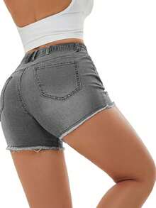 Celana Pendek Denim Wanita dengan Saku, Model Sobek, Elastis, dan Tali Serut, Kasual untuk Musim Panas - Light Grey - View 6