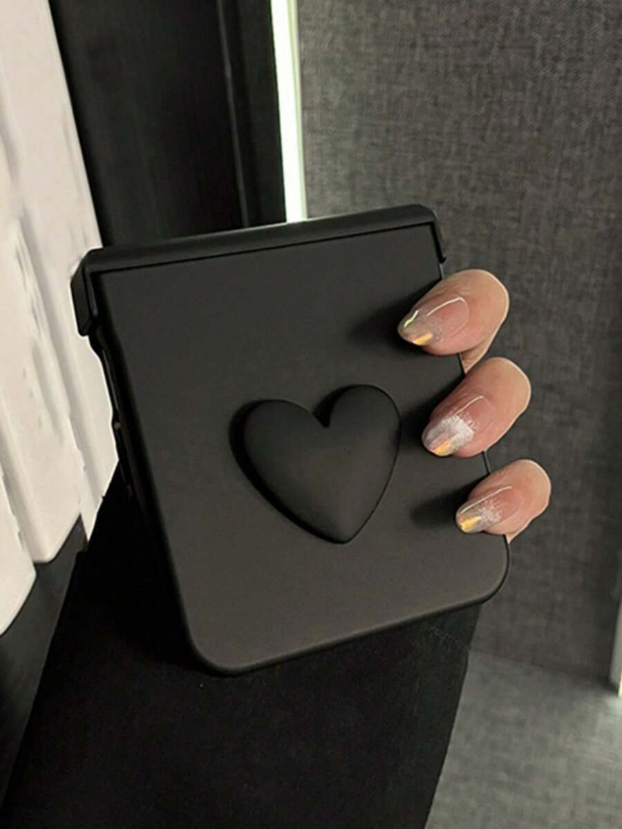 3D Heart Solid Color Phone Case, Compatible With Samsung Galaxy Z Flip 7, Flip6, ZFlip 5, Z Flip4, 3, 5G, Shock-Resistant Hinge Back Cover - Black - View 1