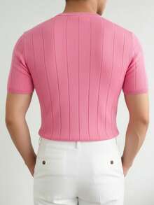 GRDR Men's Solid Color Crew Neck Short Sleeve Casual Ribbed Knit Sweater - Pink - View 4