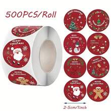 500 pezzi/rotolo Adesivi rossi con disegni natalizi, 8 disegni da 1 pollice, Babbo Natale, Renna, Pupazzo di neve, Omino di pan di zenzero, Regali, Biglietti, Matrimoni, Natale, Capodanno, Feste, Regali, Buste, Decorazioni fai-da-te per biglietti, Adesivi in PVC - Multicolore - Visualizzare 3