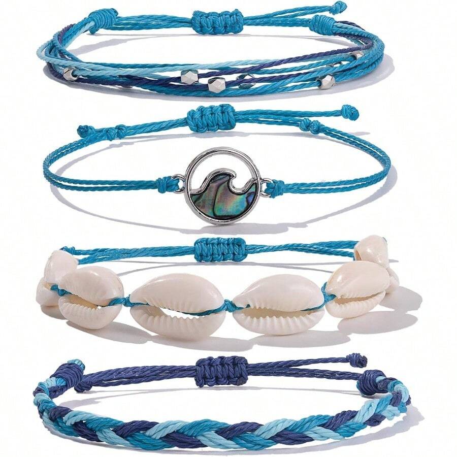Pulseras de cuerda con onda brillante y elegante, pulseras trenzadas con cuentas de concha puka, joyas hechas a mano, regalos de joyería bohemia de Pascua lindos para mujeres - Azul - Ver 1