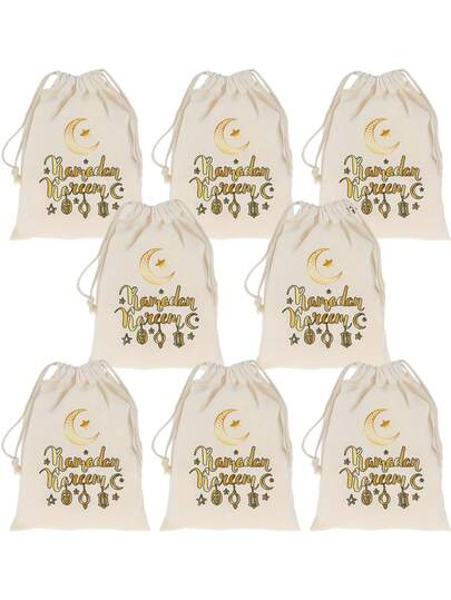 6 st linnepåsar med dragsko, små presentpåsar i linne med dragsko, lämpliga för festdekoration, festdekoration med mellanösternfestival, festdekoration med halvmånetema
