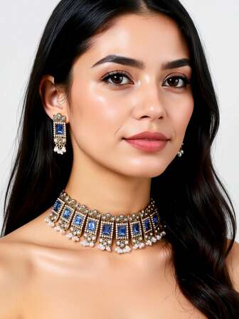 Conjunto de 3 piezas: Collar vintage bohemio con rhinestones, perlas falsas y gemas cuadradas, aretes con borlas