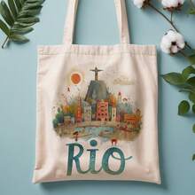 1pc Rio De Janeiro Cityscape Canvas Tote Bag - 13, 8"X15, 8" Reusable Shopping Bag With Vibrant Urban Landscape Design, Durable Polyester Material, Perfect For Shopping, Daily Commute, Travel, Beach, - Beige - View 1