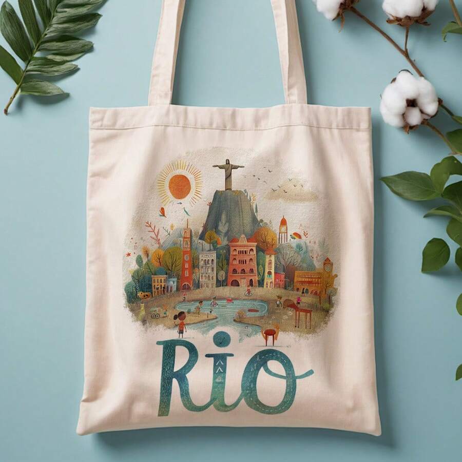 1pc Rio De Janeiro Cityscape Canvas Tote Bag - 13, 8"X15, 8" Reusable Shopping Bag With Vibrant Urban Landscape Design, Durable Polyester Material, Perfect For Shopping, Daily Commute, Travel, Beach, - Beige - View 1