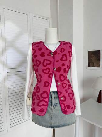 Valentine's Day Heart Pattern Fleece Sleeveless Jacket