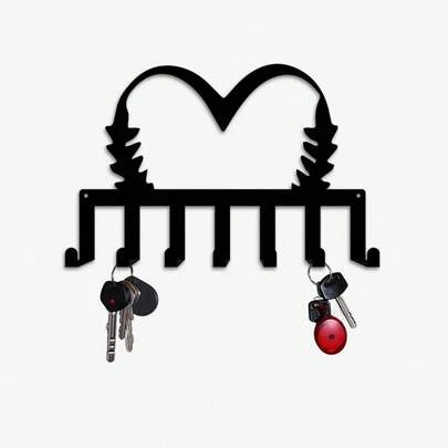 CIF BUY 现代心形橄榄枝钥匙壁挂雕塑 - 7钩金属钥匙收纳架，简约的橄榄枝心形设计，适合作为玄关装饰，情侣结婚/周年纪念礼物，铁艺钥匙展示架，适用于房间装饰、墙面装饰、家居装饰、浴室装饰、咖啡吧用品、墙面艺术、婚礼等场合。