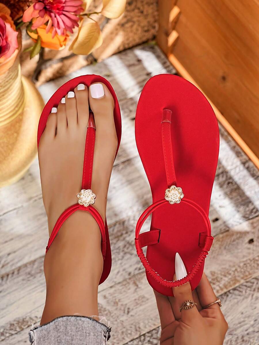 女士性感个性化T字带凉鞋，简约优雅圆头人字拖凉鞋，时尚纽扣装饰舒适平底沙滩鞋 - 紅色 - 查看 1