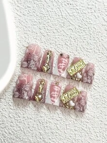 10Pcs French Manicure Style Handmade Press On Nail,Polygel Nail Set,3D Flowers,Champagne Sparkling Rhinestones Fake,Pink Nail Polish,Personality Style,Includes Nail Tools,3 Sizes Available,Almond,Duck,Coffin Nails For Party,Dance,Daily Wear. - 彩色 - 查看 19