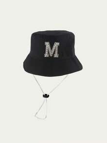 1顶儿童26字母印花遮阳帽，带可调节防风绳，休闲风格婴儿渔夫帽，适合户外、海滩、防晒 - 黑色2 - 查看 10