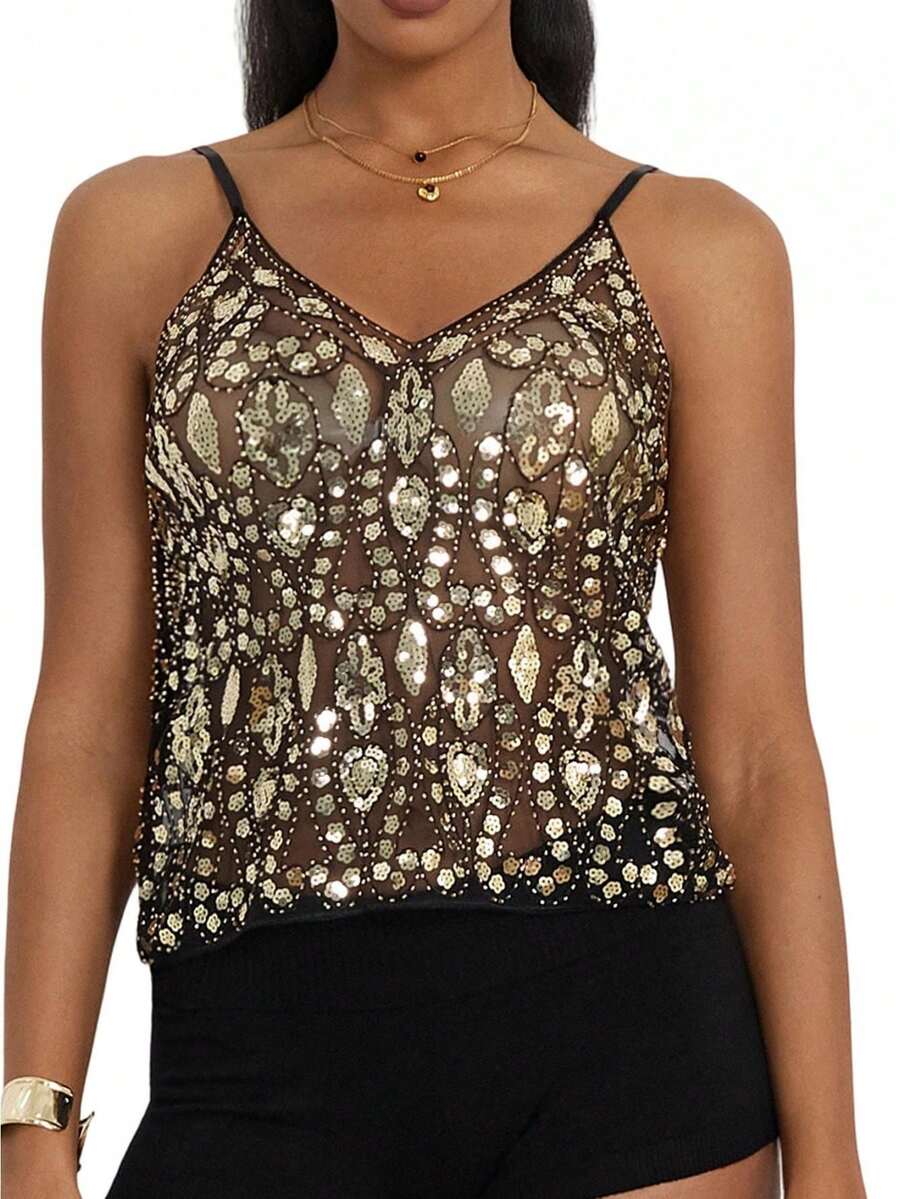 Women's Summer Sequin Camisole Vest With Sheer Embroidered Beads Retro   See Through V Neck Fashion For Nightclubs Banquets Nightlife Vacations Casual Wear  Everyday Wear  And Birthday Parties - 黑色 - 查看 1