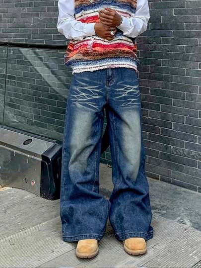 4 Season Men's Loose Straight Leg Jeans, Washed Blue Wide Leg Pants, Retro Y2K Streetwear Casual Fashion Versatile Style, Suitable As Daily Gift For Boyfriend