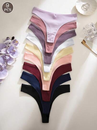 Paquete de 9 piezas de bragas tipo tanga de unicolor y acanalado, cómodas y transpirables, para mujer