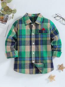 Boys' St. Patrick's Day Casual Plaid Pocket Detail Long Sleeve Button-Up Shirt, Suitable For Spring, Autumn And Winter - Green - View 1