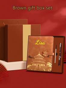 Customized Text/Logo A5 Notebook Gift Set, Includes Notebook + Pen + Refill + Gift Box. Notebook And Pen Can Be Customized With Your Desired Text. Available As Single Notebook Or Full Set. Premium Faux Leather Notebook With Embossed Landscape Design, 100 Pages, Soft Touch PU Cover - Multicolor - View 5