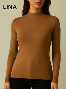 Suéter informal de antelina de longitud regular para mujer con cuello alto, mangas largas regulares y puños de punto acanalado. Alta elasticidad. - Marrón - Ver 1