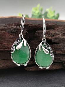 1 对复古优雅绿色猫眼泪珠耳环女士