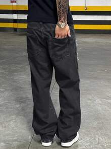 Quần Jeans Denim Dáng Rộng Phong Cách Đường Phố Grunge Goth Y2K Cho Nam, Dáng Rộng, Cá Tính, Trẻ Trung, Thể Thao, Cao Đẳng, Dáng Thẳng, Thêu Chữ Thập, Màu Trơn, Phù Hợp Mọi Mùa - màu đen - Xem 5