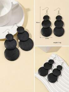 1 Pair 3-Piece Round Wooden Tassel Dangle Earrings For Women - Black 1 - View 4