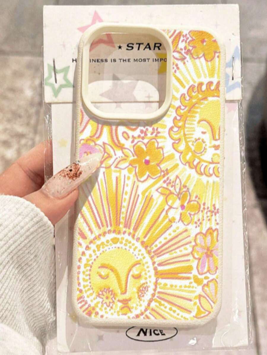 1个黄色太阳图案荔枝纹理防摔防滑软手机壳,兼容苹果和其他手机 - 彩色 - 查看 1