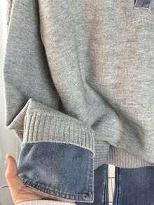 Áo len dệt kim phối vải denim kiểu Hàn Quốc dành cho nữ, thích hợp cho mùa Thu/Đông. - Xám - Xem 5