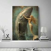 1Pc Framed Ready To Hang, Enchanting Mermaid & Whale Underwater Canvas Wall Art, Prints For Living Room, Bedroom, Bathroom, Modern Home Decoration   , Art Poster Apartment Room Decor Aesthetic, Wrapped Framed Canvas Print Suitable For Magical & Style Likes, Canvas Painting Wall Art Poster, Minimalism Canvas Prints, Suitable For Bathroom Decor, Space  Lized Decoration Wall Office Decor Aesthetic Pictures - 粉紅色 - 查看 10