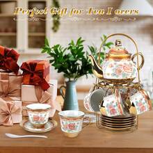 20-Piece White Porcelain Tea Set, Large 23 Oz Floral Teapot With Metal Stand For Elegant Adult Tea Service(Wedding, Bridal Shower) - 白色 - 查看 7