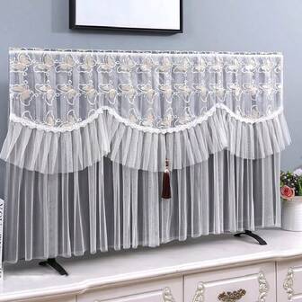 1pc Elegant White Lace TV Dust Cover, Featuring Delicate Floral Pattern - Durable Polyester Material, Suitable For All Seasons, Enhancing Home Decor, TV Decorative Cover