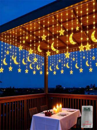 1pc Curtain Light, 98LED Star And Moon Light String, Sparkling Lights During Ramadan, Multiple Star And Moon Designs, 8 Modes, Suitable For Valentine's Day, Eid Al Fitr Atmosphere Lights, Perfect Gift, Outdoor Light (AA Not Included)