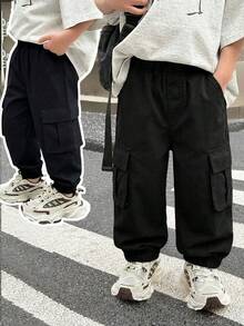 1 件装幼儿男童纯色休闲柔软舒适口袋及踝工装裤，适合 4-7 岁儿童，四季皆宜