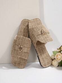 卡其色方头平底拖鞋，金属豹纹搭扣装饰，亚麻绑带，时尚沙滩凉鞋，优雅休闲百搭女士平底拖鞋，夏季新品 - 卡其色 - 查看 6