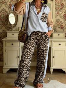 Bộ đồ nữ thu đông thời trang thường ngày thoải mái kẻ sọc xanh và họa tiết da báo phối màu tương phản, áo tay dài cổ bẻ dáng rộng và quần ống rộng, set hai mảnh may sẵn, quần áo mùa thu cho nữ, quần áo mùa đông cho nữ, mùa xuân. - Nhiều màu - Xem 9