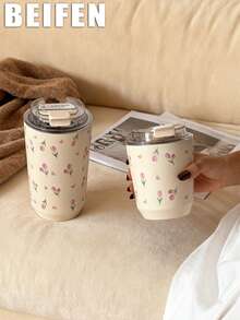 1个280毫升-380毫升双层不锈钢真空保温杯，保温杯，水瓶，咖啡杯，可重复使用，适用于健身房、办公室、家庭、户外、旅行，也是节日礼物、毕业典礼、返校季、母亲节的理想之选，粉色郁金香图案 - 彩色 - 查看 5