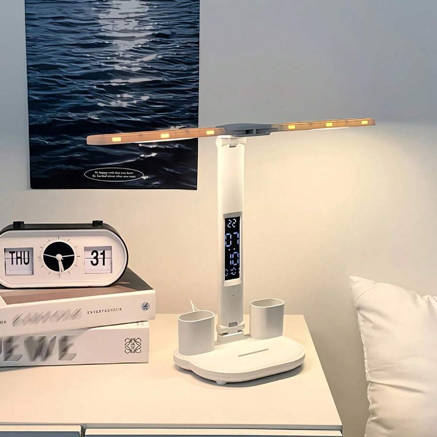 Dual-Head LED Desk Lamp With Display Screen, Adjustable Brightness, Touch Operation, Pen Holder, Modern Minimalist Design, Lightweight And Foldable Design, USB Powered, Suitable For Bedroom, Dormitory, Office Lighting, Etc. - ánh sáng trắng - Xem 1