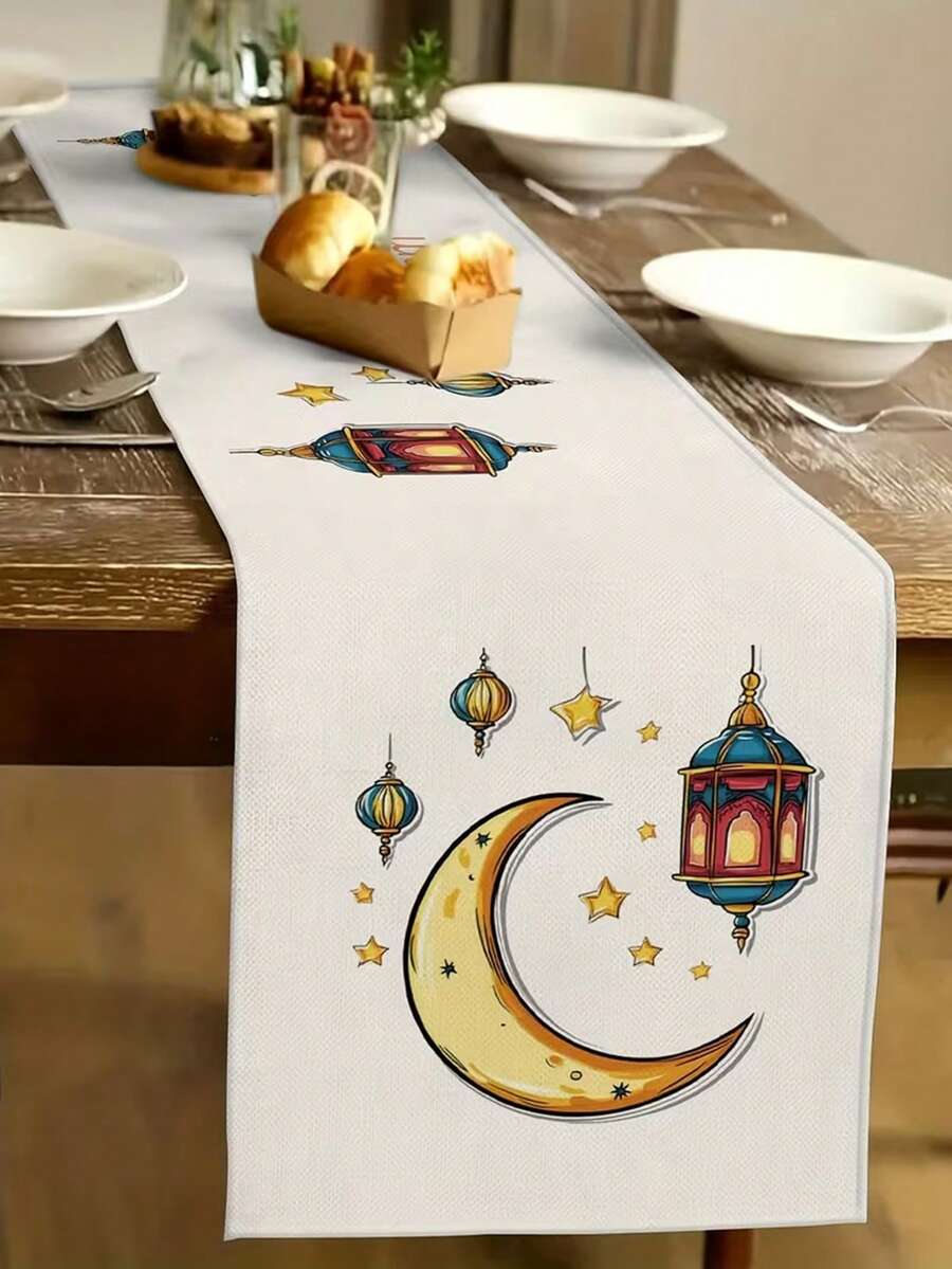 1 chiếc, Khăn trải bàn hình đèn lồng Ramadan, họa tiết sao và trăng, thích hợp trang trí lễ hội, tiệc tùng, nhà bếp, nhà hàng, trang trí nhà cửa mùa xuân, trang trí Ramadan. Kích thước: 13x35.4/47.2/63/72/78.7 inch. - Màu vàng - Xem 1