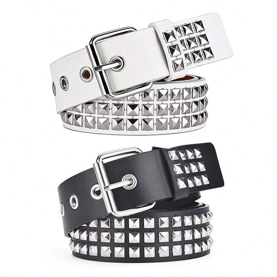 1pc Punk Style Square Studded Belt, Suitable For Jeans And Everyday Wear - Black - View 1