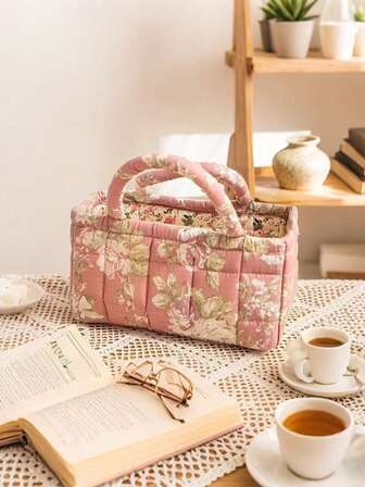 1pc Vintage Floral Print Quilted Diaper Caddy, Toy Storage Basket, Embroidered Diaper Organizer For Newborns, Toys And Supplies